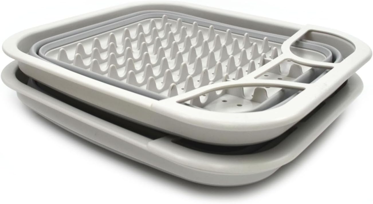 SAMMART Set of 2 Collapsible Dish Drainer with Drainer Board - Foldable Drying Rack Set - Portable Dinnerware Organizer - Space Saving Kitchen Storage Tray (2, Grey)