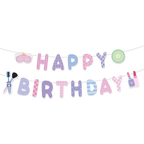 Pajama Party Birthday Banner, Pre-Strung Happy Birthday Banner Cute Makeup & Sleepo...