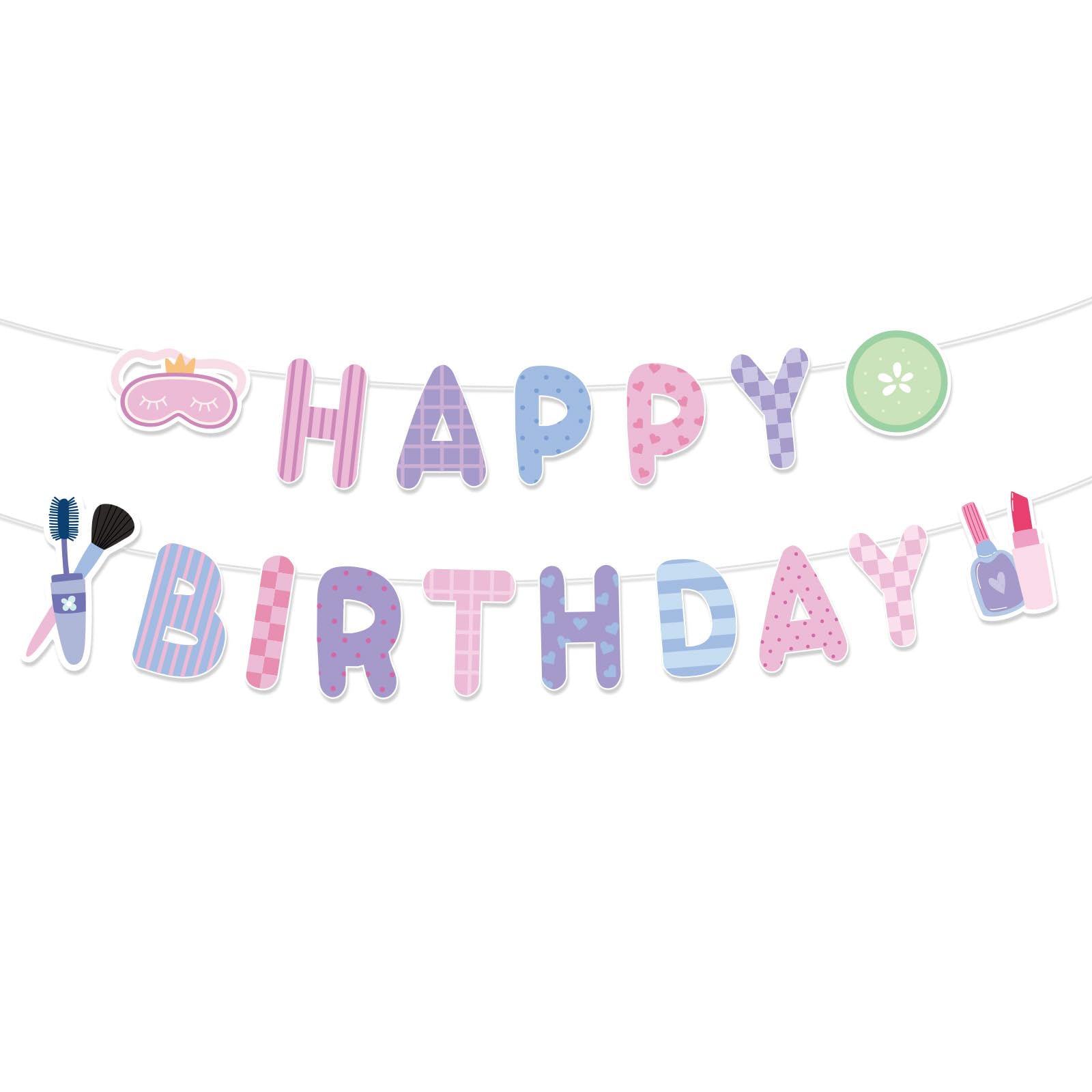 Pajama Party Birthday Banner, Pre-Strung Happy Birthday Sign Cute Makeup & Sleepover Theme Decorations for Girls Women Slumber Spa Party Supplies
