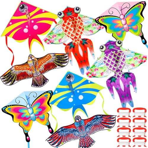 Foilswirl 8 Pack Kites for Kids Butterfly Fish Eagle Pattern with 8 Pcs 109 Yard Kite String Large Easy to Fly for Children Adults Spring Outdoor...