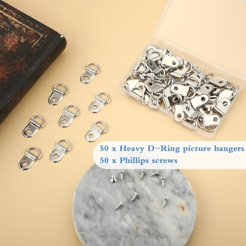 Image of 50 Pcs D Ring Picture Hangers Silver D Rings Picture Hanging Small D-Ring Pictures Hangers Including 50 Screws for Paintings, Mirrors, Clocks, Artwork Frames