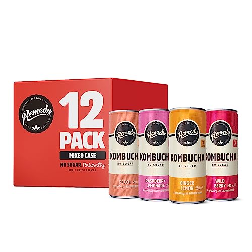 Remedy Kombucha Tea - The Fan Faves Selection Mixed Pack - Sparkling Live Cultured Drink - Naturally Sugar Free Soft Drink - Prime Probiotic Drink for Gut Health - 12 x 250ml