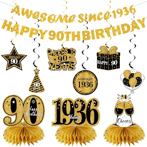 Image of Kuxriox 11Pcs 90th Birthday Decorations Kit for Men Women, Black Gold Happy 90th Birthday Banner, Awesome Since 1936 Centerpieces Swirls Party Supplies, Ninety Bday Banner Ceiling Table Topper Sign