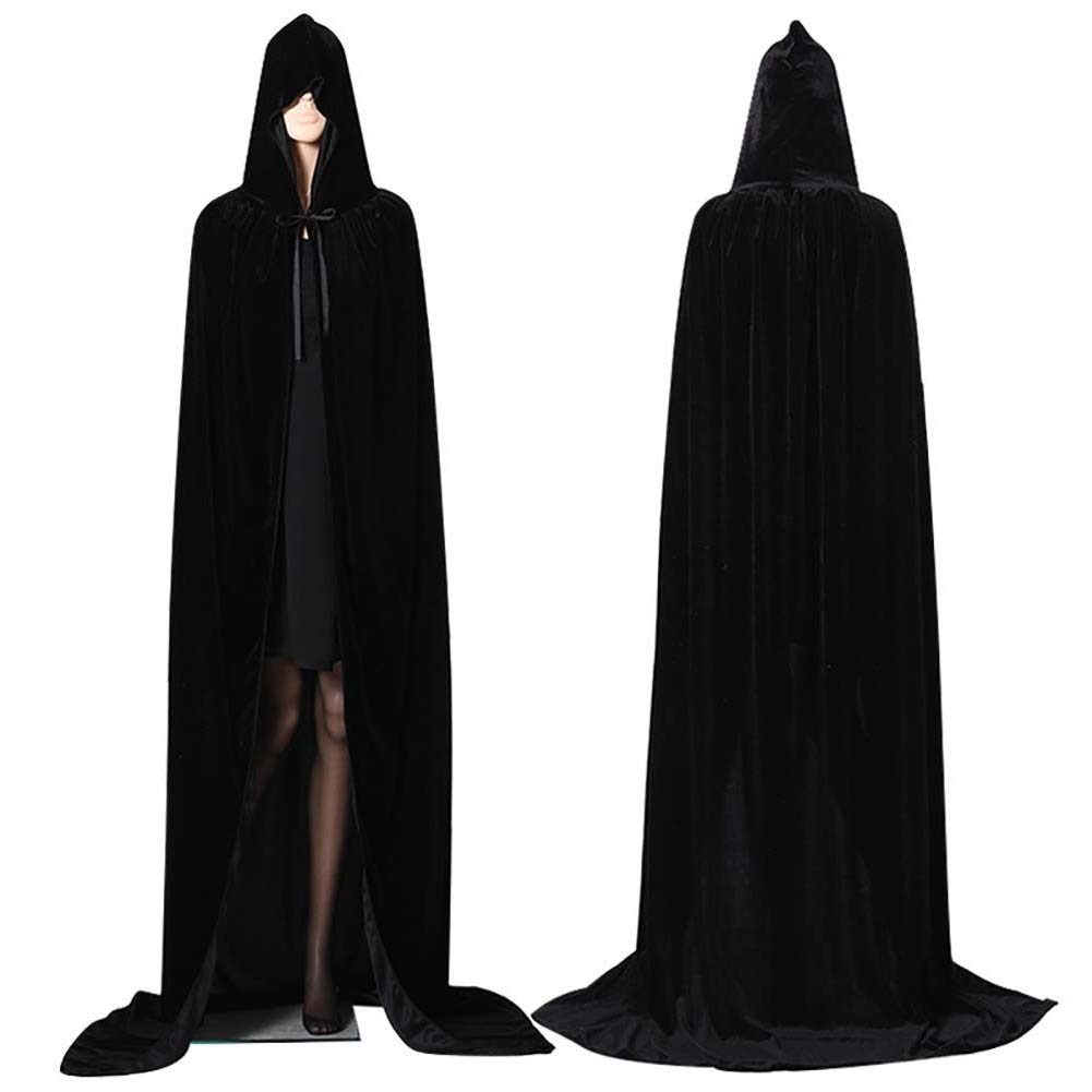Jrancc Halloween Cape Black Velvet Hooded Cloak Unisex 150cm L Full Length for Adult Children Cosplay Party Costume