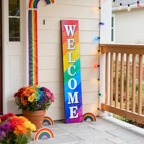 Image of Vertical Wooden Rainbow Welcome Porch Sign,Rustic Porch Standing Sign,Decorative Plaques for Front Door,Farmhouse Style Outdoor Indoor Welcome Decoration-47.2 inch H