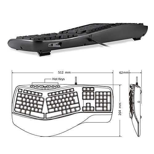 Perixx PERIBOARD-312 Ergonomic Backlit Keyboard - Wired USB with 2 Hubs - Natural Split Design - White LED - Black by Perixx - Image 5