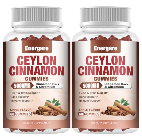 Energare 2 Packs Ceylon Cinnamon Gummies with Ceylon Cinnamon & Cassia Supplements - Brain Health & Joint Protect, Vegan, Non - GMO, Gluten - Free, Apple Flavor, 120 Gummies