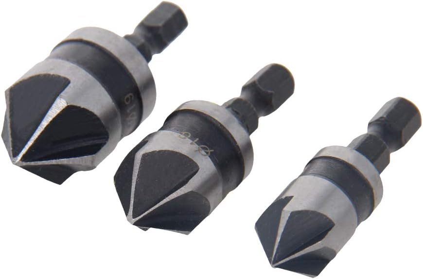 Utoolmart Countersink Drill Bit Set 12mm 16mm 19mm Dia 1/4โ Hex Shank 90 Degree 5 Flute Chamfer Tool for Woodworking Carbon Steel 3pcs