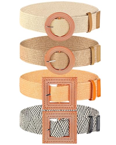 Image of WILLBOND 4 Pcs Women's Elastic Raffia Woven Belt, Boho Rattan Buckle Stretch Straw Wide Waist Belt for Dresses Jeans Pants