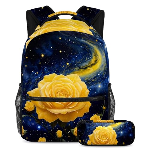 Sac à dos polyvalent grand format avec pochette assortie jaune et rose étoilé