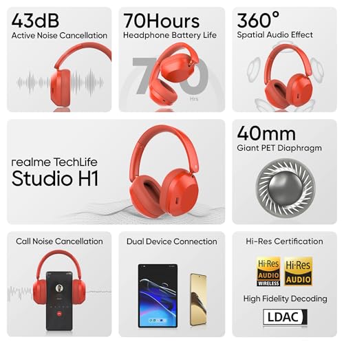 Image of realme TechLife Studio H1 Over The Ear Over Ear Wireless Headphone with 70Hours Playtime 360 Spatial Audio, 40mm Drivers, 80ms Superlow Latency, 43 dB Adaptive ANC-Red