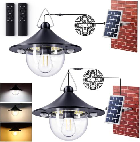 Quntis Lot de 2 Lampe Solaire Exterieur Suspendue avec Télécommande & Ampoule E27, IP65 Étanche Suspension Solaire avec Detecteurs de mouvement, 5 Modes,...