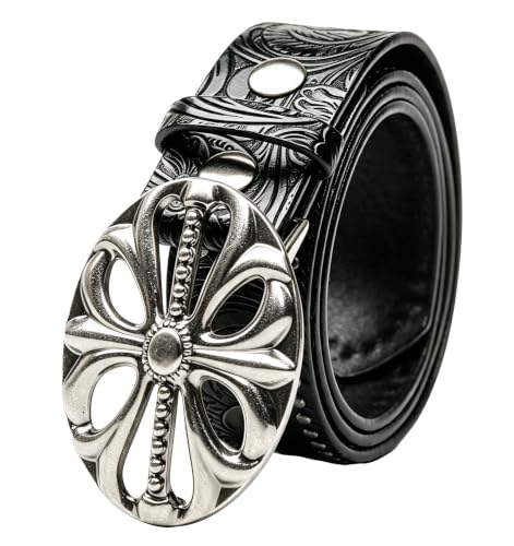 Wojgzon Y2K-Studded-Belt for Women & Men - Alt Emo Gothic Vintage Black Western Flower Leather Cowboy Cowgirl Belt for Jeans