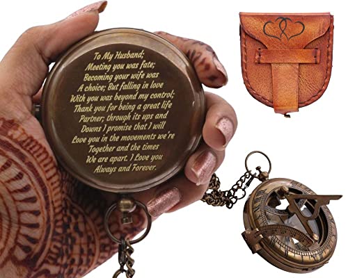 Engraved Brass Sundial Compass with Leather Case – Gift for Husband – Meeting You was Fate Love Quote – Romantic Keepsake for Anniversary, Wedding, Birthday – Wife to Husband Gift