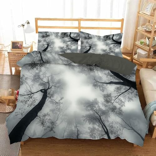 Juego de Cama Doble con Estampado de Bosque Vintage (200 x 200 cm), Funda nórdica Reversible con Estampado de Cielo Gris y Fundas de Almohada, Fundas de Cama Transpirables para Cama Doble