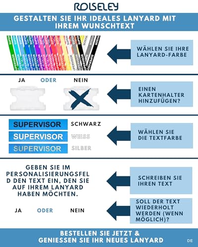 Rolseley Personalisierbares Umhängeband mit aufgedrucktem Text (Weiß/Silber) mit Sicherheitsverschluss - Schwarzes Schlüsselband mit individuellem Text