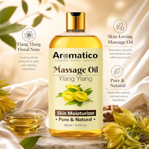 Image of AROMATICO Ylang Ylang Massage Oil - Spa Massage Oil with Almond & Jojoba for Couples, Full Body Stress Relief & Skin Nourishment | 300ml
