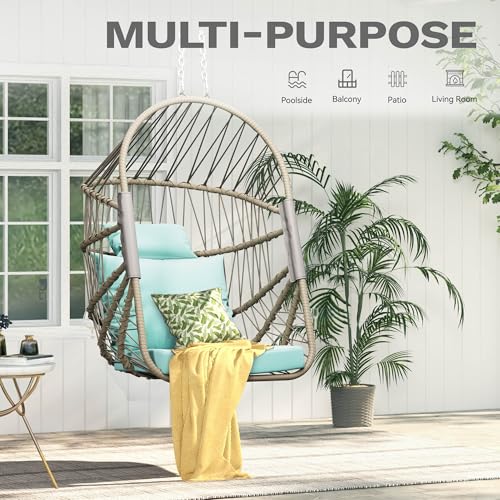DWVO Foldable Hanging Egg Chair with Cushion, Rattan Wicker Swing Chair Without Stand, 350lbs Capacity, Indoor Outdoor Basket Seat for Balcony, Bedroom, Porch, Garden (Sky Blue)