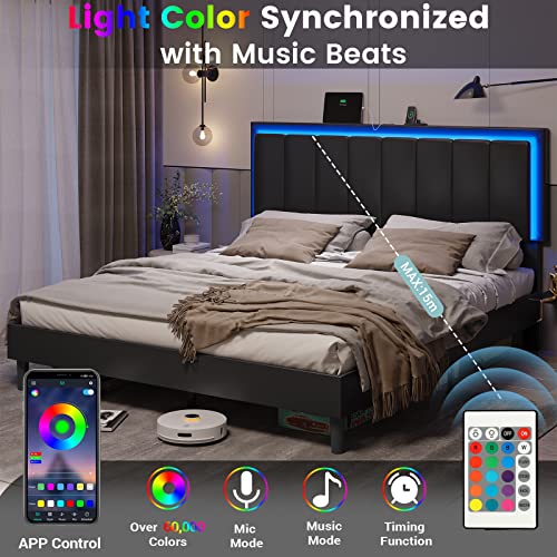 Hasuit Queen Bed Frame With Headboard And Led Light,Vegan Leather Upholstered Queen Size Platform Bed, Headboard Height Adjustable, No Box Spring Needed, Noise Free, Easy Assembly, Black #TOP2
