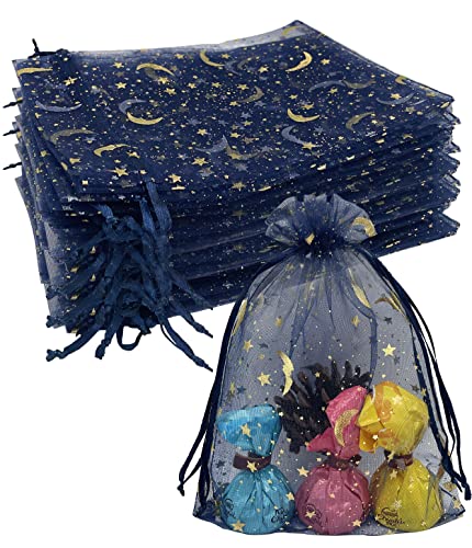 Jexila 100PCS Navy Blue Organza Bags 4X6 with Moon Stars Drawstring Gift Bags Small Mesh Bag for Wedding Party Favor Candy Bags
