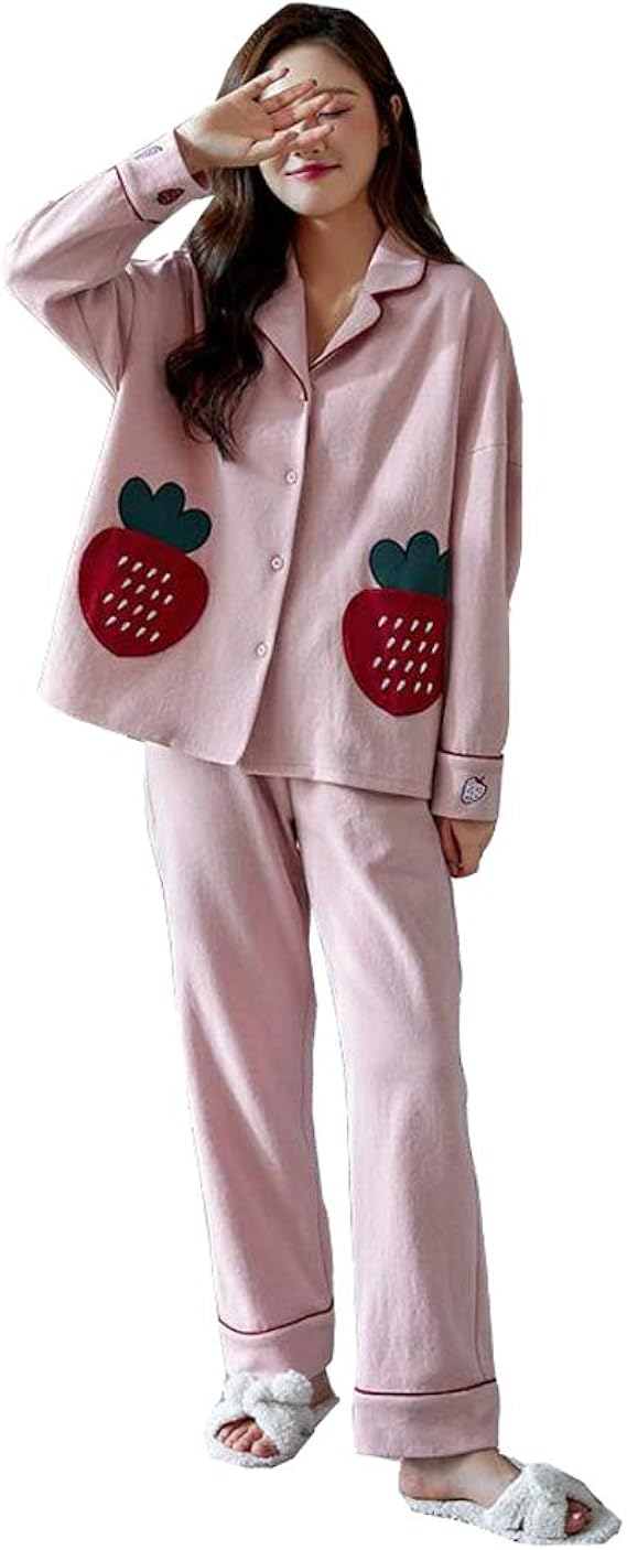 Amazon 前開きパジャマ レディース 長袖 前開き ルームウェア 上下セット イチゴ柄 パジャマ レディース 部屋着 おしゃれ コットン 可愛い 大きいサイズ 女性 パンツ ロング セットアップ 大人可愛い ピンク ナイトウェア パジャマ ルームウェアセット 通販
