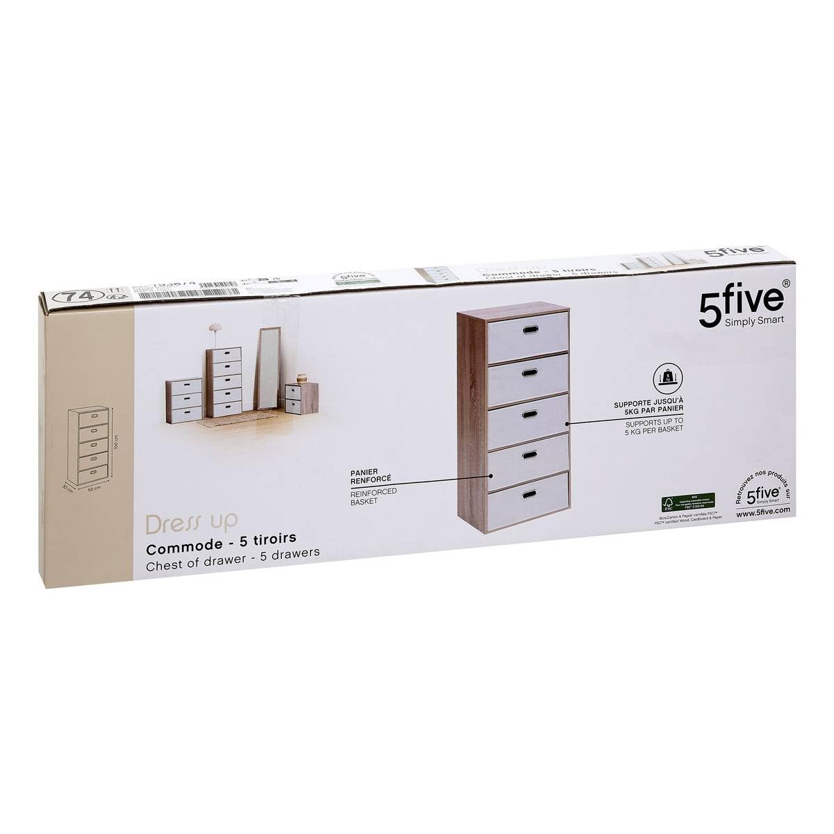 5 five simply smart 5Five - Commode Dress UP Beige - 5 Tiroirs - 50x30x100cm - Meuble de Rangement Fonctionnel, Organisation Chambre, Mobilier Design et Pratique