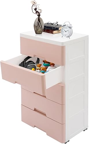 Organizador alto de tocador, armario de almacenamiento de 5 cajones, cajones de plástico, cajones de armario, torre de almacenamiento alta para