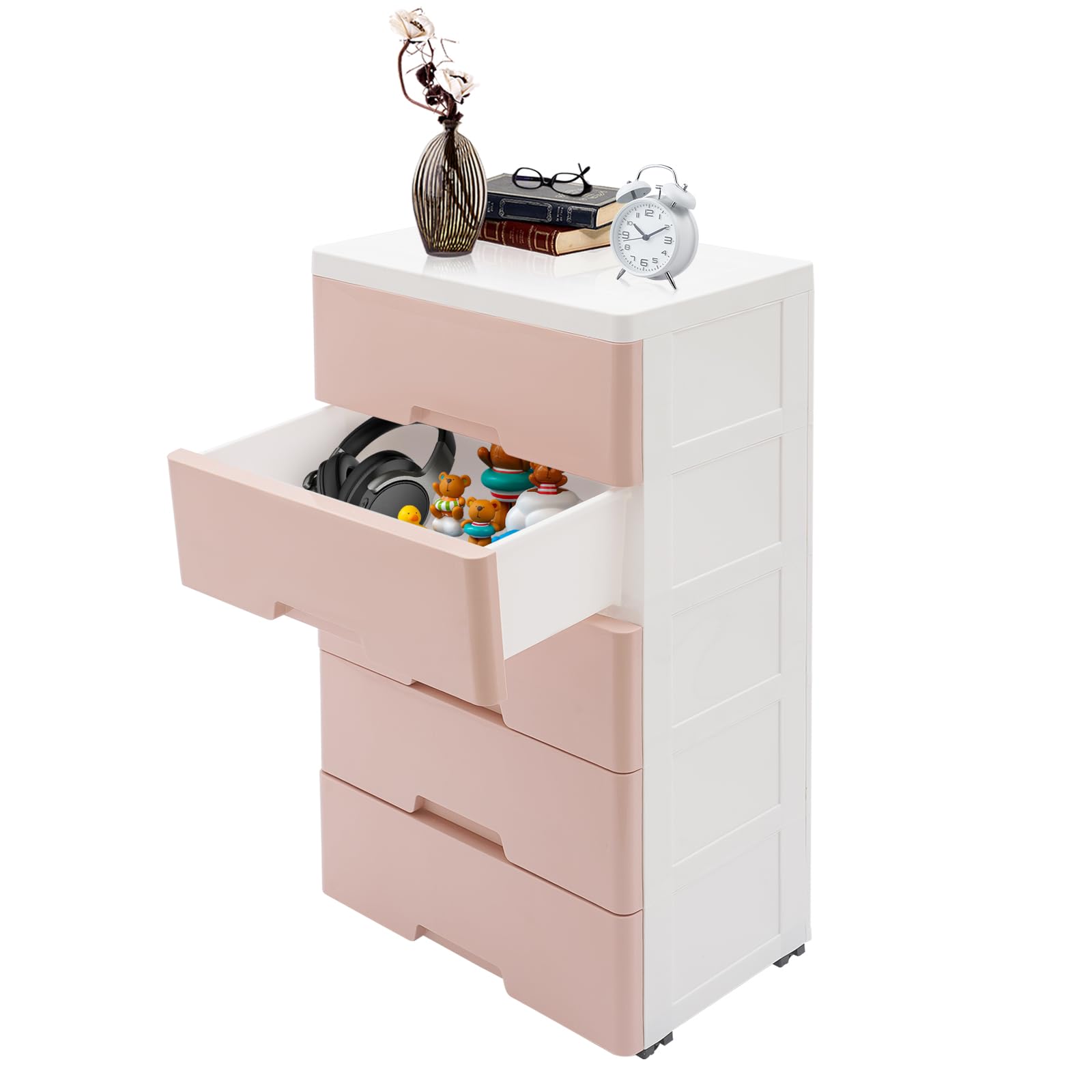 Tall Dresser Organizer, 5 Drawers Storage Cabinet Plastic Drawers Dresser Closet Drawers Tall Storage Tower for Closet, Dorm, Dresser Organizer Portable Storage Tools for Bedrooms Kitchens (Pink)
