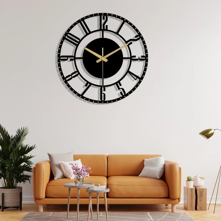 Image of Designer Metal Wall Clock for Living Room | Antique Stylish Fancy Decorative Big Size Wall Watch for Bedroom, Office, Kitchen, Dining, Hall and Decor (Black(ST-12), 50CM)