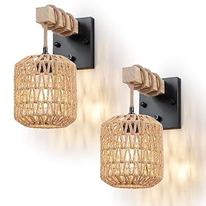Rattan Boho Wall Sconces Set of Two Hardwired Hand Woven Farmhouse Wall Lamps with Wooden Arm OnOff Dimmable SwitchLarge Rustic Indoor Wall Mount Light Fixtures for Bedroom Nursery Bathroom