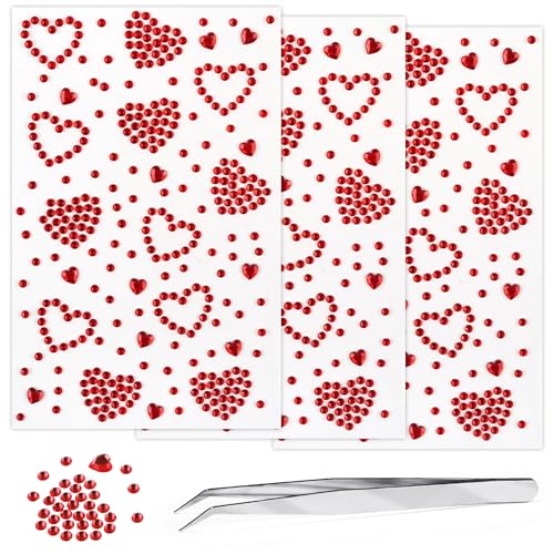 3 Sheers Self Adhesive Face Gems for Makeup Red Heart Rhinestone...