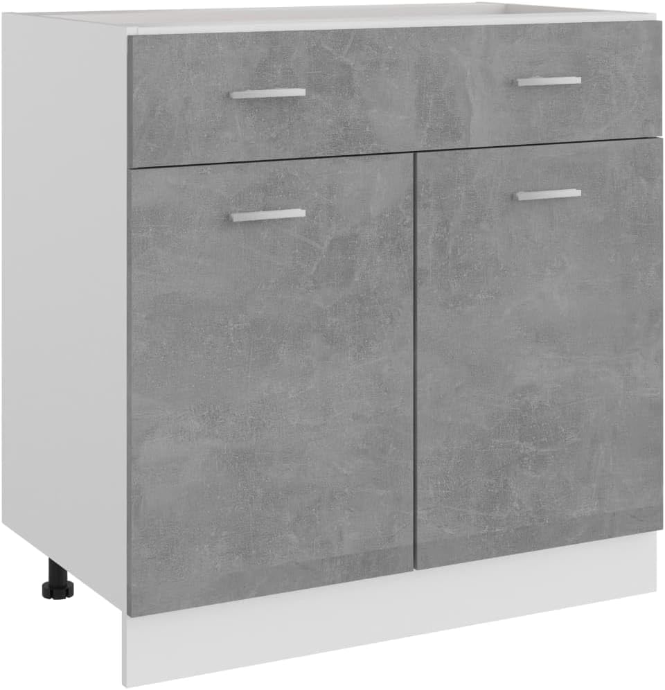 Drawer Bottom Cabinet Concrete Grey Engineered Wood Medium with 2 Doors and 1 Drawer for Dining Kitchen Storage, Spacious Interior Sturdy Construction Versatile Scandinavian