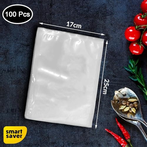 Image of Smart Saver Vacuum Storage sealer Bags each (17x25)cm(100 pack) and roll (28x500)cm each -2 roll for Food storage, Vacuum Seal, Food prep, Vac Sealing Machine Pouches with Food Grade & Microwaveable