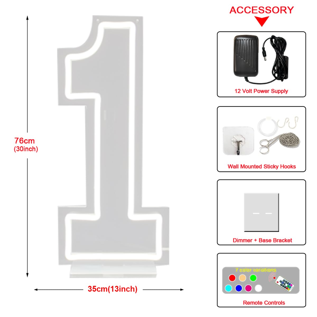 DS&DV Insegna luminosa con numeri al neon a LED, dimmerabile, con base autoportante, per decorazione per feste (bianco freddo, numero 1)