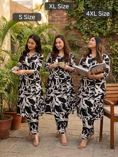 Image of Leriya Fashion Women's Cotton Printed A-Line Kurti Pant Set | Abstract Leaf & Floral Kurta with Trouser Pant | Casual Ethnic Co-ord Set for Women Stylish | Elegant Anarkali Style Tunic Kurta Set