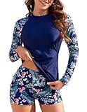 JASAMBAC Women Two Piece Rash Guard Long Sleeve Swim Shirt Bathing Suit with Boyshort Bottom L