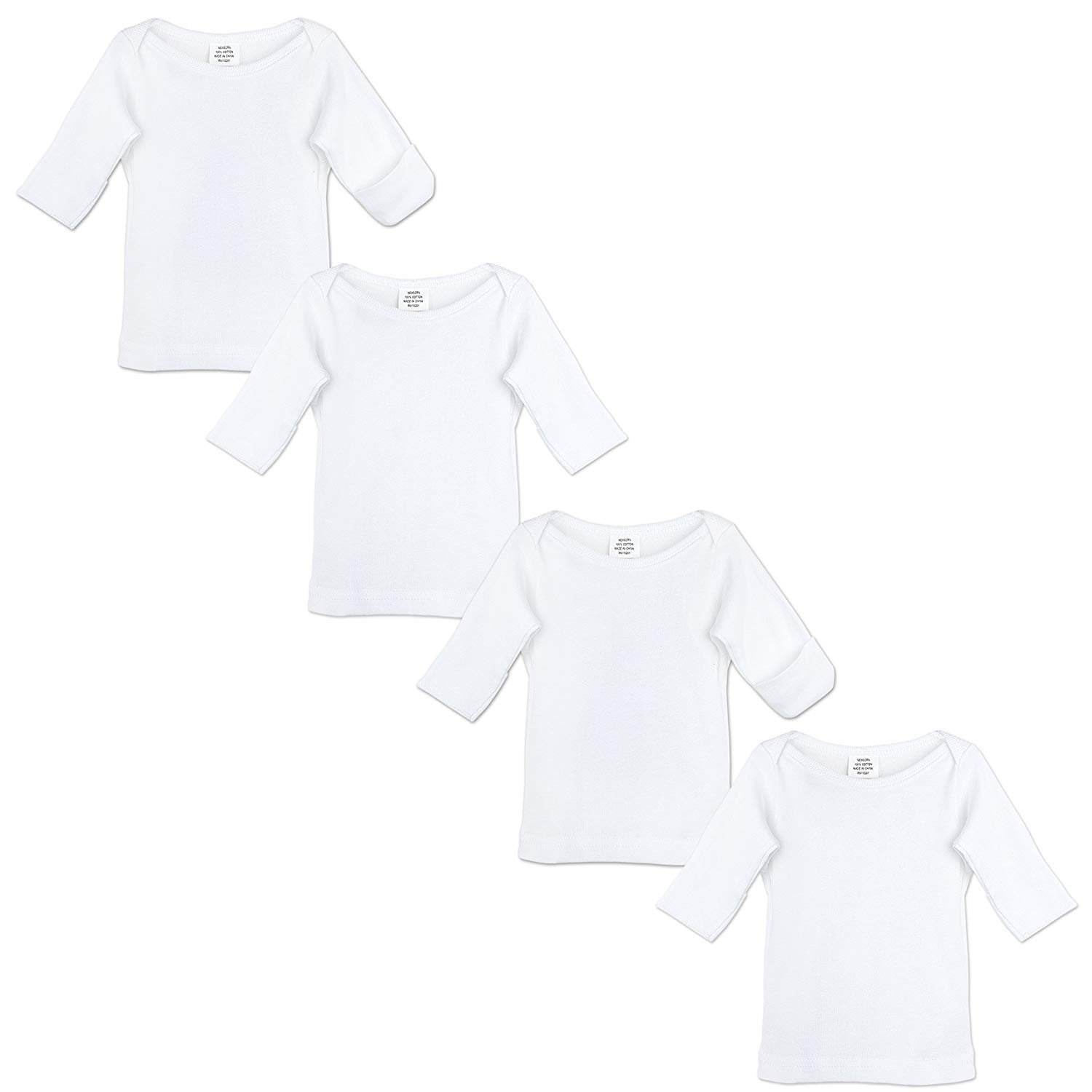 TrustTees Newborn Long Sleeve Undershirts | Ultra-Soft Cotton, Solid White | Mitten Cuff T-Shirts Bodysuit for Baby Girls and Boys | Fits 0-3 Months | 4-Pack | Welcome Home, Shower Gift | Joy Bundle