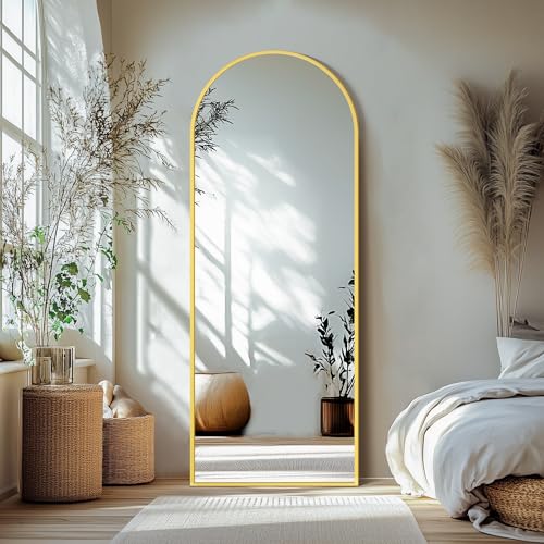 Image of Delma Wall Mirror Full Length, Standing Floor Mirror for Bedroom Bathroom Living Room with Aluminium Frame (with Stand, Arch 69x24-Gold)
