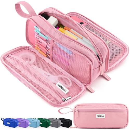 Image of TOPBIDAI Large Pencil Case Pouch for Girls Boy Women Men Adults | Big Capacity Canvas Pencil Bag, Office School Supplies, Multi Compartment Zipper Stationery Pen Box(Light Pink)