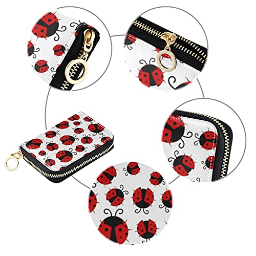 Red Ladybugs Texture Credit Card Coin wallet, RFID Blocking Compact Women Leather Card Holder, Key Change Organizer, Zipper Purse Clutch Pouch Pocket3