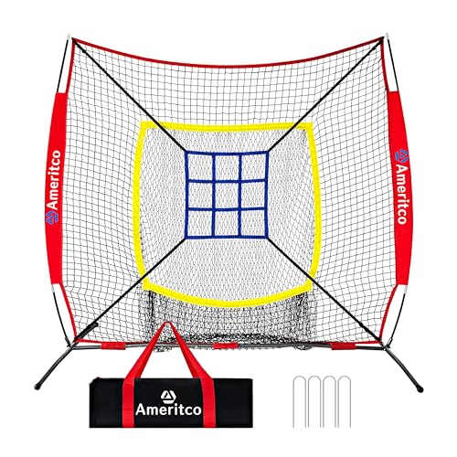 Ameritco 7x7ft Baseball Net with Strike Zone, Large Pocket Baseball Training Net for Hitting/Batting/Pitching/Throwing,Scratch Resistant Base,Indoor/Outdoor Versatile Use for All Levels