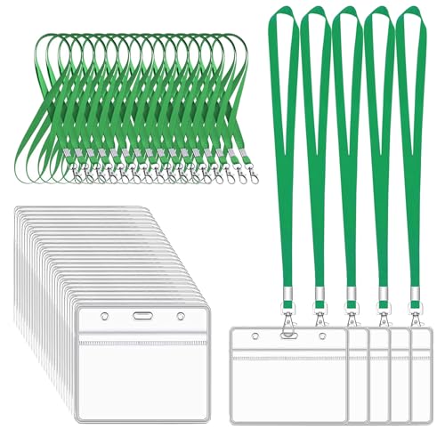 XHDA Green 30PCS Lanyards for Neck with 30PCS Card Holder, Lanyard with Clear Plastic Card Holder for ID Card and Staff