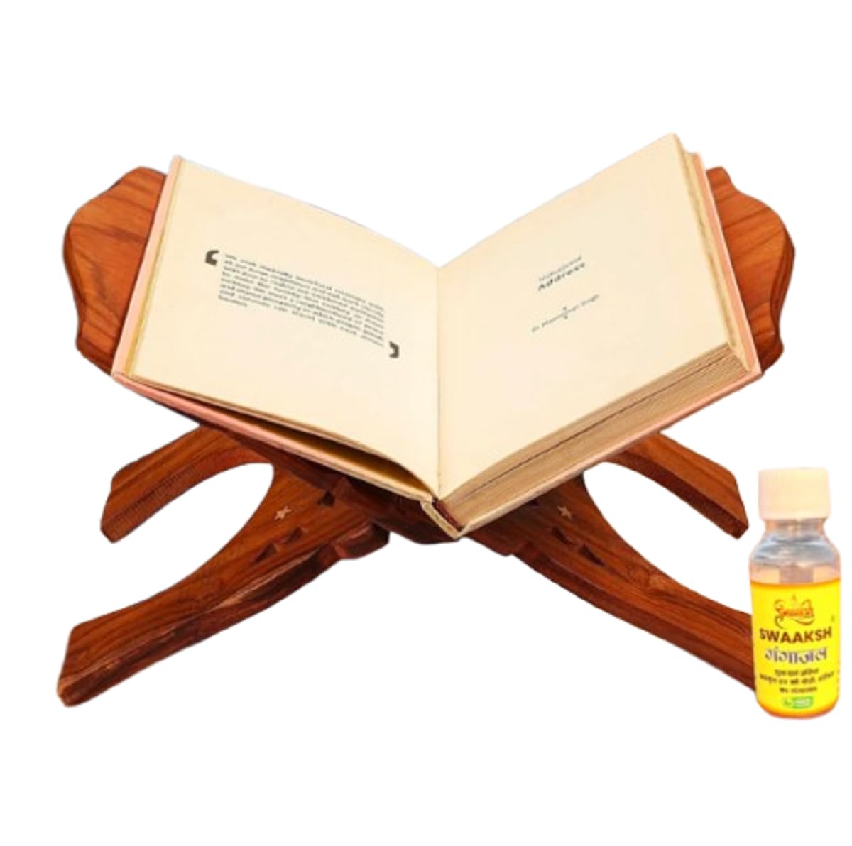 Wooden Rehal Stand for Prayer with 60ml Gangajali Bottle | Foldable Pooja Book Stand | Decorative Wooden Holy Book Holder for Bhagavad Gita, Ramayan & Quran | Brown, 20 cm-picture-14