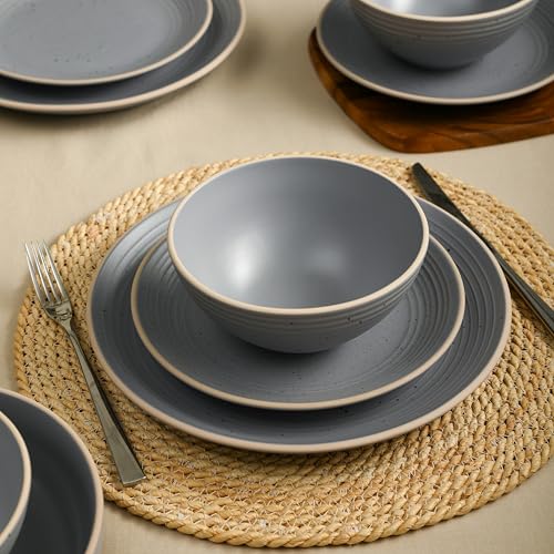 Image of Stone Lain Lauren Modern Stoneware 32-piece Round Dinnerware Set, Plates and Bowls Set, Dish set for 8, Light Gray