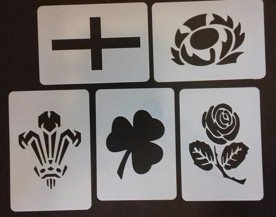 5 x 6 Nations rugby national emblem face painting stencils reusable many times rose shamrock thistle Welsh Feathers George Cross 6 nations Internationals