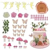 DIELOVEHUA 40 Piezas Decoración de Pastel de Hadas, Cake Topper Hada, con Miniatura Puerta, Hongos, Flores y Mariposas para Cumpleaños, Fiestas Temáticas, Té de la tarde y Bodas