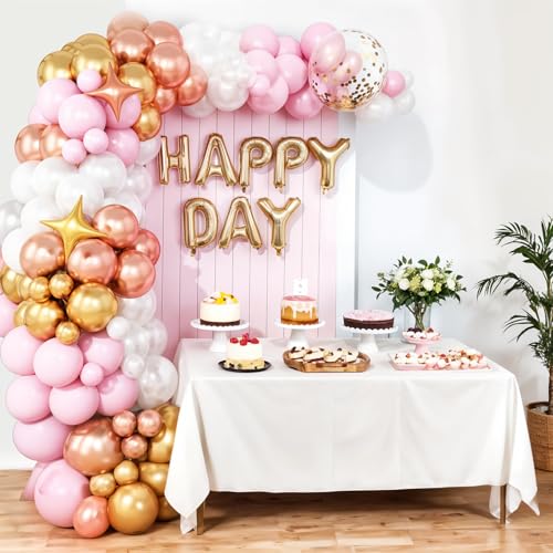 Image of Pink White Balloon Arch Kit, Pink Gold Garland with Rose Gold Star Balloons | for Birthday Baby Shower Bridal Shower Wedding Engagement Anniversary Princess Party Backdrop Decor