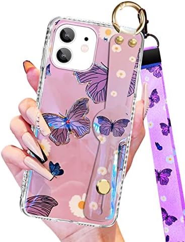 Flafens Purple Butterfly with Wrist Strap for iPhone 11 6.1" Case Lanyard Girls Women Girly Aesthetic Design Fashion Cute Pretty Wristband Phone Cases Cover for iPhone 11 6.1 Inches