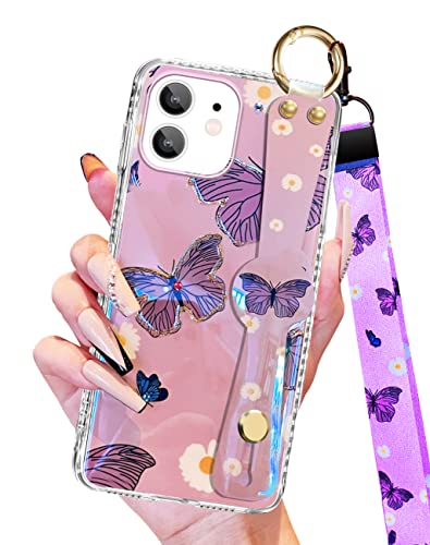 Flafens Purple Butterfly With Wrist Strap For Iphone 11 6.1" Case Lanyard Girls Women Girly Aesthetic Design Fashion Cute Pretty Wristband Phone Cases Cover For Iphone 11 6.1 Inches #TOP22