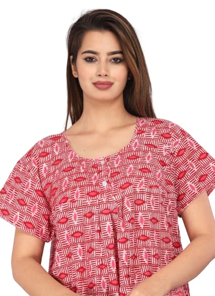 Image of Kuruti B Sheets Cotton Nighty for Women Jaipuri Print 2 Button Round Neck Short Sleeve Night Gown | Maxi Dress